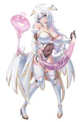 1girl absurdres armor blue_eyes blush borrowed_character breasts bright_pupils cleavage commission covered_navel goddess_of_victory:_nikke greaves halo haron highres huge_breasts long_hair looking_at_viewer mechanical_wings multicolored_hair original pelvic_curtain pink_hair revealing_clothes slime_(substance) smile solo transparent_background two-tone_hair vambraces white_hair wings
