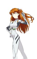 Rule 34 | amondetauro, ayanami rei, ayanami rei (cosplay), bodysuit, breasts, cosplay, half updo, highres, interface headset (evangelion), long hair, mecha pilot suit, medium breasts, one eye closed, orange hair, original, plugsuit (evangelion), simple background, souryuu asuka langley, white background, white bodysuit
