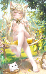 1girl animal_ear_fluff animal_ears bow breasts candle capelet cat cat_ears cat_tail chen_bin day feet_out_of_frame fish_hair_ornament green_capelet green_eyes hair_bow hair_ornament highres indie_virtual_youtuber leotard long_hair no_shoes outdoors pantyhose plant sitting small_breasts solo tail very_long_hair white_leotard white_pantyhose