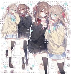 2girls ahoge asymmetrical_legwear black_cardigan black_socks black_thighhighs blue_eyes blue_sailor_collar bow bowtie broken_heart broken_heart_hair_ornament brown_hair brown_shoes cardigan dress_shirt evil_neuro-sama food food_on_face from_side full_body hair_between_eyes hair_ornament hair_ribbon heart heart_hair_ornament highres holding holding_food licking loafers long_hair long_sleeves multiple_girls neuro-sama red_bow red_bowtie red_eyes red_ribbon ribbon sailor_collar shirt shoes siblings single_sock single_thighhigh sisters skull_hair_ornament sleeves_past_wrists socks thighhighs twins two_side_up uneven_legwear vedal_ai white_shirt yakinikusakoku yellow_cardigan