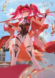 Rule 34 | 1girl, armor, black bow, blue sky, bodysuit, boots, bow, breastplate, breasts, collar, commentary, day, dian zhi sang, hair between eyes, hair bow, hairband, highres, holding, holding polearm, holding weapon, long hair, looking at viewer, lupa (wuthering waves), medium breasts, metal collar, metal hairband, multiple hair bows, outdoors, parted lips, pink hair, polearm, red pupils, red sash, sash, sky, smile, solo, thigh boots, twintails, weapon, weapon across shoulders, white bodysuit, white boots, wrist guards, wuthering waves, yellow eyes