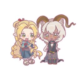 2girls animal_ear_fluff animal_ears antlers arknights beeswax_(arknights) belt belt_bag black_boots black_collar black_ribbon black_skirt black_sleeves blonde_hair bloomers blue_capelet blue_dress blush_stickers boots bow braid brown_bag brown_belt brown_sandals capelet chibi chinese_commentary choker collar commentary_request crossover dark-skinned_female dark_skin deer_antlers deer_ears dot_nose dress dungeon_meshi elf forehead green_eyes hair_between_eyes hair_bow hair_bun hair_tie half_up_braid happy highres hood hood_down hooded_capelet horns leg_ribbon long_dress long_hair long_sleeves looking_at_another low_twintails marcille_donato miniskirt multiple_girls open_mouth outline pink_outline pointy_ears qianwa_shi_biao red_bow red_choker ribbon sandals shirt simple_background single_hair_bun skirt sleeve_belt sleeves_past_fingers sleeves_past_wrists smile standing train_(clothing) twin_braids twintails underwear very_long_hair wavy_hair white_background white_bloomers white_hair white_shirt yellow_belt