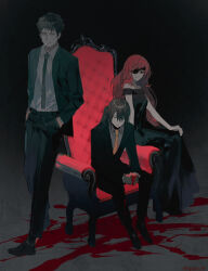 1girl 2boys alternate_costume bare_shoulders black_background black_dress black_jacket black_necktie black_pants blood blood_on_ground blood_on_hands brown_eyes brown_hair cigarette closed_mouth collared_shirt dress eyepatch formal_clothes ha_jinsung hands_in_pockets hwa_ryun jacket jyu_viole_grace long_hair looking_at_viewer multiple_boys necktie one_eye_covered opcoi open_clothes open_jacket pants ponytail red_eyes red_hair shirt short_hair simple_background sitting sitting_on_throne sleeveless sleeveless_dress smile suit throne tower_of_god twenty-fifth_bam white_shirt yellow_necktie