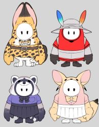 4others absurdres animal_ears black_eyes bow bowtie common_raccoon_(kemono_friends) common_raccoon_(kemono_friends)_(cosplay) cosplay crossover fall_guy fall_guys fennec_(kemono_friends) fennec_(kemono_friends)_(cosplay) fox_ears hat highres kaban_(kemono_friends) kaban_(kemono_friends)_(cosplay) kemono_friends looking_at_viewer multiple_others no_humans notora open_hands raccoon_ears serval_(kemono_friends) serval_(kemono_friends)_(cosplay) traditional_bowtie