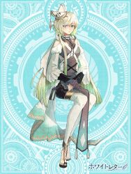 Rule 34 | 1girl, alpaca connect, aqua eyes, aqua nails, bare shoulders, bicorne, black pants, black sleeves, blonde hair, blue background, bolo tie, book, book holster, breasts, brown dress, choker, closed mouth, clothing cutout, colored tips, copyright name, detached leggings, dress, expressionless, frilled choker, frills, full body, gears, green hair, harenochi hareta, hat, hat feather, invisible chair, jewelry, layered sleeves, leggings, long hair, long sleeves, looking at viewer, medium breasts, mini hat, multicolored hair, nail polish, own hands together, pants, pants under dress, pelvic curtain, sandals, shoulder cutout, sitting, solo, steampunk, swept bangs, tassel, tilted headwear, toe ring, toenail polish, toenails, very long hair, white hat, white leggings, white letter, white sleeves