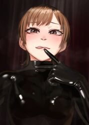 Rule 34 | 1girl, absurdres, black bodysuit, bodysuit, breasts, brown eyes, brown hair, highres, kilye kairi, latex, latex bodysuit, licking lips, original, short hair, skin tight, small breasts, smile, tongue, tongue out, upper body