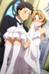 2boys artist_request black_hair black_jacket black_necktie blush brown_eyes brown_hair carrying carrying_person collared_shirt crossdressing dress gloves green_eyes jacket jewelry kneehighs long_sleeves looking_at_another multiple_boys mushoku_tensei necklace necktie nose_blush parted_bangs rudeus_greyrat shirt short_hair sleeveless sleeveless_dress socks spiked_hair standing tiara tuxedo veil watermark wedding_dress white_shirt white_socks yaoi