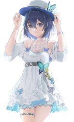 Rule 34 | 1girl, arin (1010 ssu), bare shoulders, blue eyes, blue hair, butterfly hat ornament, cowboy shot, dress, fedora, hat, hat ornament, highres, honkai (series), honkai impact 3rd, looking at viewer, off-shoulder dress, off shoulder, seele vollerei, short dress, short hair, simple background, smile, solo, standing, white background, white dress, white hat