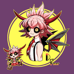 bare_shoulders bat_wings black_sclera black_wings collared_shirt colored_sclera demon_girl eyelashes fangs from_side horns kashuu_(b-q) looking_at_viewer necktie original pink_hair plaid_clothes plaid_skirt red_horns red_necktie red_wings shirt skirt suspenders white_shirt wings yellow_eyes