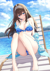 1girl bare_legs barefoot beach_chair bikini blue_bikini blue_eyes blue_jacket blush breasts brown_hair chair commentary_request fence hamahama highres idolmaster idolmaster_cinderella_girls jacket jacket_partially_removed knees_together_feet_apart knees_up large_breasts long_hair looking_at_viewer on_chair pool sagisawa_fumika see-through_clothes see-through_jacket sitting smile solo straight_hair string_bikini swimsuit very_long_hair