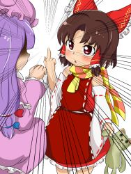 2girls animal_ears ascot bandages bare_shoulders belt benikurage_(cookie) blue_bow blush bow breasts brown_hair cat cat_tail child cookie_(touhou) detached_sleeves double_bun dress emphasis_lines frills hair_bow hair_bun hair_ornament hair_tubes hakurei_reimu hand_up hat highres long_hair long_sleeves looking_at_another manatsu_no_yo_no_inmu medium_breasts middle_finger miura_cat mob_cap multicolored_scarf multiple_girls open_mouth patchouli_knowledge pink_dress pink_headwear pink_scarf plaid_clothes plaid_scarf plar0846 purple_hair red_bow red_dress red_eyes scarf short_hair simple_background standing stuffed_animal stuffed_toy tail taisa_(cookie) touhou toy white_background white_belt wide_sleeves yellow_ascot yellow_scarf