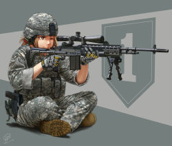 1girl aiming army battle_rifle camouflage dated digital_camouflage gloves gun helmet highres holstered jpc m14 one_eye_closed original rifle signature sitting united_states_army weapon