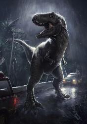 car commentary dinosaur english_commentary espen_grundetjern jurassic_park motor_vehicle night no_humans open_mouth outdoors rain sharp_teeth signature teeth tree tyrannosaurus_rex