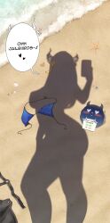 beach bikini demon_horns dressed_shadow_(meme) female_pov highres hololive hololive_english horns implied_nudity jailbird_(nerissa_ravencroft) meme myth1carts nerissa_ravencroft pov pov_shadow sand shadow silhouette swimsuit unworn_bikini unworn_bikini_top unworn_clothes unworn_swimsuit virtual_youtuber
