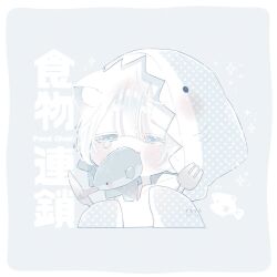 1girl animal_costume animal_ear_fluff animal_ears artist_name blush border cat_ears eating eyelashes fish fork highres holding holding_fork holding_knife hood hood_up knife monochrome original shark_costume short_eyebrows short_hair solo square tears thk_41 upper_body