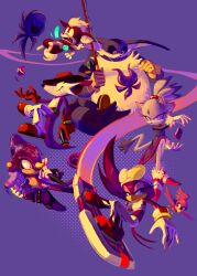 2girls animal_ears big_the_cat blaze_the_cat blue_eyes cat_ears cat_tail chameleon_tail chao_(sonic) chaos_emerald chip_(sonic) espio_the_chameleon eyewear_on_head fang fang_the_sniper fishing_rod furry furry_female furry_male gloves gun highres holding holding_gun holding_weapon hoverboard knockabiller multiple_girls neutral_chao nights_chao purple_background purple_theme sol_emerald sonic_(series) tail wave_the_swallow weapon white_gloves wisp_(sonic) yellow_eyes