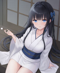 1girl black_hair blue_eyes blunt_bangs breasts highres japanese_clothes kimono kirifrog long_hair looking_at_viewer medium_breasts mimikaki obi original sash sitting solo white_kimono
