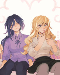 Rule 34 | 2girls, applying lipstick, applying makeup, black pants, black skirt, blonde hair, blue eyes, blush, clorinde (genshin impact), closed mouth, collared shirt, commentary, cosmetics, genshin impact, highres, holding, holding lipstick tube, ikimaru, lipstick mark, lipstick mark on face, lipstick tube, long hair, multicolored hair, multiple girls, navia (genshin impact), pants, purple hair, purple shirt, shirt, sitting, skirt, smile, streaked hair, sweater, symbol-only commentary, white sweater, yuri
