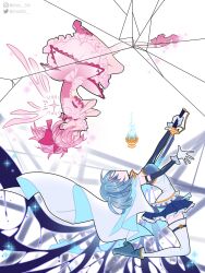 2girls armlet bad_id bad_twitter_id bare_legs bare_shoulders belt belt_buckle blood blue_belt blue_blood blue_boots blue_eyes blue_gemstone blue_hair blue_shirt blue_skirt blue_sleeves boots bow bow_choker bubble_skirt buckle buttons cape center_frills chocofish choker closed_eyes commentary covering_own_mouth crack cross-laced_shoes darkness detached_sleeves detached_wings dress dripping energy_wings expressionless floating floating_cape floating_clothes floating_hair footwear_bow frilled_dress frilled_shirt frilled_skirt frilled_sleeves frills full_body gem gloves gold_buckle hair_bow hashtag-only_commentary high_heel_boots high_heels highres holding holding_sword holding_weapon impaled instagram_username interlocked_fingers jewelry kaname_madoka kneeling leaning_back light_particles long_sleeves looking_at_another magical_girl mahou_shoujo_madoka_magica mahou_shoujo_madoka_magica_(anime) miki_sayaka miniskirt multiple_girls no_socks outstretched_leg own_hands_together pink_bow pink_choker pink_dress pink_hair pink_shoes pink_wings pleated_skirt puffy_short_sleeves puffy_sleeves pumps shirt shoes short_dress short_hair short_sleeves short_twintails skirt skirt_under_dress soul_gem sparkle strapless strapless_shirt sword tareme thigh_belt thigh_strap thighhighs twintails twitter_username two-tone_shirt upside-down watermark weapon white_background white_cape white_gloves white_shirt white_skirt white_thighhighs wings