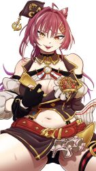 1girl belt breasts cleavage gloves hair_ornament hat heterochromia highres hololive houshou_marine large_breasts light_blush looking_at_viewer multicolored_hair partially_fingerless_gloves red_belt red_hair revealing_clothes skirt smile solo solo_focus spriggantweet stomach sweat thick_thighs thighs virtual_youtuber