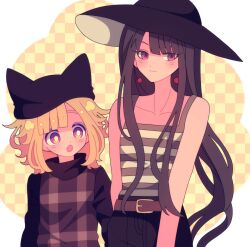Rule 34 | 2girls, :o, absurdres, animal hat, belt, black camisole, black hat, black pants, black sweater, blonde hair, brown belt, camisole, checkered background, closed mouth, fedora, grey eyes, grey sweater vest, hair flaps, hat, highres, long hair, looking to the side, multiple girls, ohamihaeru, open mouth, pants, plaid clothes, plaid sweater vest, red eyes, shimako (yume 2kki), short hair, sidelocks, striped camisole, surprised, sweater, sweater vest, symbol-shaped pupils, triangle-shaped pupils, urotsuki, very long hair, white camisole, yellow background, yume 2kki