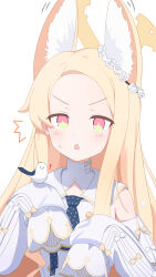 ! 1girl ^^^ absurdres animal_ear_fluff animal_ears bird bird_on_hand black_neckerchief blonde_hair blue_archive commentary dress fortysansan fox_ears fox_girl halo highres long_hair multicolored_eyes neckerchief seia_(blue_archive) simple_background sleeveless sleeveless_dress sleeves_past_wrists solo tit_(bird) white_background white_dress white_sleeves yellow_halo