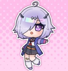 +_+ 1girl :o ahoge bandaid bandaid_on_knee bandaid_on_leg belt black_sailor_collar black_skirt brown_belt cardigan commentary_request flat_chest full_body hair_between_eyes hair_over_one_eye hirahude iridescent long_bangs long_sleeves looking_at_viewer mahjong_soul neckerchief open_cardigan open_clothes open_mouth pink_background purple_eyes purple_hair purple_shoes purple_sweater red_neckerchief sailor_collar school_uniform serafuku shirt shoes short_hair skirt socks solo suzumiya_anju sweater white_shirt white_socks