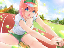 1girl :o bare_legs blue_eyes blue_sky blush breasts character_name clothes_writing cloud clover collarbone commentary_request day downblouse dutch_angle four-leaf_clover go-toubun_no_hanayome green_hairband green_ribbon green_shorts gym_shirt gym_shorts gym_uniform hair_between_eyes hair_ribbon hairband highres looking_at_viewer medium_breasts micro_shorts nakano_yotsuba open_mouth orange_hair outdoors own_hands_together panties partial_commentary photoshop_(medium) ribbon running_track shirt shoes short_hair short_sleeves shorts sitting sky soccer_field socks solo stretching sun track_and_field tree underwear upshorts waterring white_panties white_shirt white_socks wind yellow_shoes