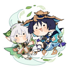 1boy 1girl armlet artist_name black_bodysuit black_bridal_gauntlets black_hair black_shorts bloomers blue_cape blue_gemstone blue_hat blue_kimono blunt_ends blush_stickers bodysuit bridal_gauntlets cape chibi closed_mouth colored_tips detached_sleeves dress falling_leaves feathers furisode gem genshin_impact gold gold_trim gradient_hair green_hair green_sleeves hair_ornament hat highres japanese_clothes jewelry jingasa juban kimono leaf leaf_hair_ornament leg_warmers looking_at_viewer mandarin_collar multicolored_hair nahida_(genshin_impact) nya_deko o_o open_clothes open_hands open_kimono open_mouth outstretched_arms pointy_ears pom_pom_(clothes) scaramouche_(genshin_impact) short_sleeves shorts smile socks split_mouth tassel underwear v-shaped_eyebrows vision_(genshin_impact) wanderer_(genshin_impact) white_background white_bloomers white_dress white_hair white_kimono white_leg_warmers white_sleeves white_socks wind wispy_bangs yellow_feathers