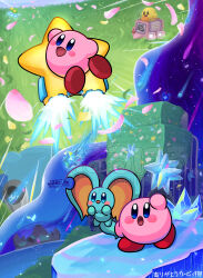 blush_stickers colored_skin elfilin grass green_skin haruneko_(haruto_56789) highres kirby kirby_(series) kirby_air_ride kirby_air_riders kirby_and_the_forgotten_land looking_at_viewer looking_back nintendo no_humans notched_ear open_mouth petals pink_skin shooting_star star-crossed_world starry_(kirby) warp_star watermark yellow_skin