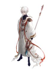 Rule 34 | 1boy, absurdres, black boots, black gloves, black shirt, blue eyes, boots, closed mouth, crossed bangs, full body, gloves, granblue fantasy, hair between eyes, hand on own hip, highres, holding, holding polearm, holding weapon, hood, hood down, hooded robe, long sleeves, looking ahead, lucilius (granblue fantasy), male focus, parted bangs, polearm, robe, shirt, short hair, simple background, solo, standing, udgg093577, weapon, white background, white hair, wide sleeves
