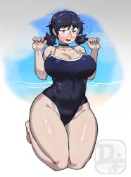 1girl arms_up beach black_choker black_hair blush bouncing_breasts breasts choker cleavage clenched_hands difman embarrassed glasses hair_between_eyes hairband huge_breasts kneeling luna_(difman) motion_lines open_mouth original outdoors purple_hairband sand sky solo sweat swimsuit thick_thighs thighs twintails water wavy_mouth wide_hips