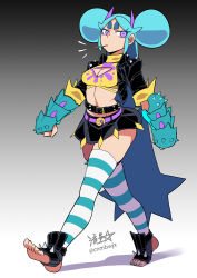Rule 34 | 1girl, arm guards, belt, belt buckle, black jacket, black skirt, blue hair, breasts, buckle, cleavage, cleavage cutout, clenched hands, clothing cutout, commentary, crop top, double bun, hair bun, highres, horns, jacket, medium breasts, midriff, miniskirt, open-toe shoes, original, pleated skirt, purple belt, purple eyes, purple horns, ryuusei (mark ii), shrimball (ryuusei (mark ii)), skirt, solo, striped clothes, striped thighhighs, thick eyebrows, thighhighs, turtleneck, walking