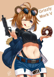1girl :p ;q absurdres aged_down animal_ears brown_hair donut eyewear_on_head female_focus food food_on_face girls&#039;_frontline grizzly_mkv_(girls&#039;_frontline) grizzly_mkv_(teddy_transform!)_(girls&#039;_frontline) gun handgun highres jacket jpc l.a.r._manufacturing lar_grizzly_win_mag midriff navel official_alternate_costume one_eye_closed pistol short_hair shorts solo sunglasses tongue tongue_out trigger_discipline weapon