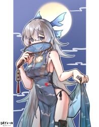 1girl absurdres arknights black_panties blue_eyes blue_petals breasts china_dress chinese_clothes clothes_lift commentary_request dated dress feather_hair feathered_wings feathers gaoling_gangqin hair_petal head_wings highres lifting_own_clothes long_hair looking_at_viewer medium_breasts moon mulberry_(arknights) panties pelvic_curtain pelvic_curtain_lift pouch side-tie_panties side_slit sideboob smile solo thigh_pouch transparent_fan underwear very_long_hair white_feathers white_hair white_wings wings