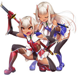 2girls bare_legs bare_shoulders blush boots breasts brown_eyes closed_eyes dark-skinned_female dark_skin demon_girl dress fangs female_focus gloves happy highleg highleg_leotard holding holding_weapon horns katana leotard lilith-soft long_hair looking_away multiple_girls oni_horns open_mouth pointy_ears shiny_skin short_hair siblings simple_background sisters skirt small_breasts sophie_(taimanin_asagi) sword taimanin_(series) taimanin_asagi taimanin_rpgx take_your_pick twins very_long_hair weapon white_background white_hair yuphie_(taimanin_asagi) zol