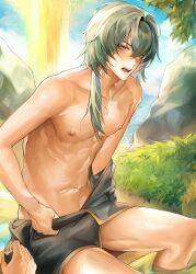 1boy anaxa_(honkai:_star_rail) blush collarbone highres honkai:_star_rail honkai_(series) looking_at_viewer male_focus medium_hair muscular muscular_male nipples no_eyepatch open_mouth side_ponytail sitting solo_focus tappeee teeth undressing