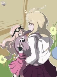 2girls absurdres akamatsu_kaede backpack bag blonde_hair breasts danganronpa_(series) danganronpa_v3:_killing_harmony face_to_breasts female_focus fingerless_gloves gamesquid gloves goggles hair_ornament height_difference highres huge_breasts iruma_miu long_hair multiple_girls musical_note pink_hair purple_eyes tall_female