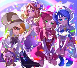 1boy 4girls ahoge airi_(curereika) animal_costume animal_hood apron bear_costume black_pepper_(precure) black_pepper_(precure)_(cosplay) blue_eyes blue_hair bow bow_earrings bowtie brown_hair capelet cat_hood closed_eyes commentary cosplay cure_coral cure_coral_(cosplay) delicious_party_precure domino_mask earrings ellee-chan flower_brooch hair_over_one_eye hat highres hijiri_ageha hirogaru_sky!_precure hood hooded_capelet jewelry kirakira_precure_a_la_mode long_hair low_twintails magic_school_uniform_(mahou_girls_precure!) mahou_girls_precure! mask mofurun_(mahou_girls_precure!) mofurun_(mahou_girls_precure!)_(cosplay) multiple_girls nijigaoka_mashiro open_mouth orange_hair pink_bow pink_bowtie pink_capelet pink_hair pink_skirt precure puffy_short_sleeves puffy_sleeves purple_eyes purple_hair red_eyes sailor_hat school_uniform short_sleeves side_ponytail single_sidelock skirt smile sora_harewataru swept_bangs tategami_aoi tategami_aoi_(cosplay) tropical-rouge!_precure twintails waist_apron white_headwear yellow_bow yuunagi_tsubasa
