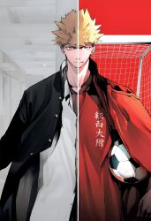 Rule 34 | absurdres, artist request, ball, black hair, black shirt, blonde hair, blue eyes, closed mouth, embers (manga), haitani noboru, highres, long hair, looking at viewer, multicolored hair, non-web source, official art, red shirt, serious, shirt, soccer ball, soccer field, soccer uniform, sportswear, two-tone hair, white shirt
