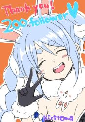 Rule 34 | 1girl, :d, ^ ^, animal ear fluff, animal ears, black gloves, black leotard, blue hair, braid, breasts, brown background, closed eyes, commentary request, detached sleeves, don-chan (usada pekora), facing viewer, fur-trimmed gloves, fur trim, gloves, hair between eyes, hand up, head tilt, highres, hololive, kiritoma, leotard, long hair, milestone celebration, multicolored hair, open mouth, puffy short sleeves, puffy sleeves, rabbit ears, short eyebrows, short sleeves, simple background, small breasts, smile, solo, strapless, strapless leotard, thank you, thick eyebrows, twin braids, twintails, two-tone hair, upper body, usada pekora, usada pekora (1st costume), virtual youtuber, white hair, white sleeves