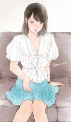 1boy blue_skirt brown_eyes brown_hair bulge couch crossdressing earrings erection erection_under_clothes frilled_shirt frills jewelry lemicon looking_at_viewer medium_hair open_mouth original shirt skirt trap v-neck watch