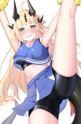 1girl absurdres arknights arms_up bike_shorts_under_skirt black_shorts blonde_hair blue_shirt blue_skirt blush cheering cheerleader crop_top crop_top_overhang dragon_girl dragon_horns dragon_tail embarrassed green_eyes highres holding holding_pom_poms horns kneepits leg_up long_hair looking_at_viewer midriff navel pom_pom_(cheerleading) pom_poms reed_(arknights) shirt short_shorts shorts simple_background skirt solo tail tarako_(mentaitarasupa) white_background