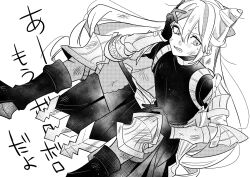 1boy androgynous boots cone_hair_bun drill_hair fire_emblem fire_emblem_engage greyscale hair_bun hair_horns highres illust_mi knee_guards monochrome nintendo rosado_(fire_emblem) trap