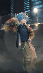 Rule 34 | 1girl, absurdres, asymmetrical sidelocks, belt, bibbidiba (hololive), black jacket, black shirt, blue eyes, blue hair, brown pants, cityscape, commentary, dancing, diffraction spikes, eyeshadow, fur sleeves, hand on own hip, hand up, highres, hololive, hoshimachi suisei, jacket, long sleeves, looking at viewer, makeup, medium hair, mienpp, night, official alternate costume, outdoors, pants, pink eyeshadow, shirt, side ponytail, solo, turtleneck, turtleneck shirt, virtual youtuber
