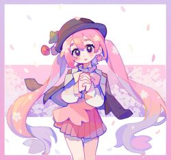 1girl blush border bow bowtie brown_hat cherry_blossom_print commentary cowboy_shot dot_nose earrings eyelashes falling_petals floral_print flower flower_earrings gradient_border hair_between_eyes hair_flower hair_ornament hat hatsune_miku jacket jewelry long_hair long_sleeves looking_at_viewer outside_border own_hands_clasped own_hands_together parted_lips petals pink_border pink_bow pink_bowtie pink_eyes pink_hair pink_petals pink_skirt pleated_skirt sakura_miku sakura_miku_(rella) shirt short_eyebrows skirt standing suuroku twintails very_long_hair vocaloid white_shirt