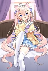 1girl absurdres animal_ears asahi_illustrator bed blonde_hair blue_eyes bow bowtie commission curly_hair fang frilled_skirt frills highres indie_virtual_youtuber long_hair magical_girl pig_ears purple_bow purple_bowtie school_uniform sitting skeb_commission skirt smile sopralto thighhighs twintails white_thighhighs