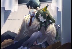 Rule 34 | 1boy, 1girl, blue hair, brown eyes, brown hair, clannad, couple, green hair, hikarizaka private high school uniform, ibuki fuuko, key (company), long hair, long sleeves, okazaki tomoya, school uniform, short hair, takumi (scya)