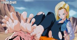 1boy 1girl absurdres android_18 barefoot blonde_hair blue_eyes blue_sky breasts cloud day denim earrings feet foot_croft footjob handjob hetero highres jewelry long_sleeves outdoors pantyhose short_hair skirt sky soles toes torn_clothes