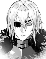 1boy 358_emblem armor breastplate commentary_request dimitri_alexandre_blaiddyd dimitri_alexandre_blaiddyd_(timeskip) double-parted_bangs eyepatch fire_emblem fire_emblem:_three_houses fur_trim greyscale hair_between_eyes highres looking_down male_focus medium_hair monochrome nintendo one_eye_covered parted_lips portrait simple_background solo white_background